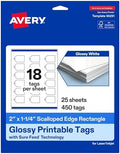 Avery Printable Rectangle Scalloped Tags, Sure Feed Technology, 2" x 1-1/4", Glossy White Cardstock, Print-To-The-Edge, Laser/Inkjet Printable, 450 Total, Great for Custom Gift or Branding Tags
