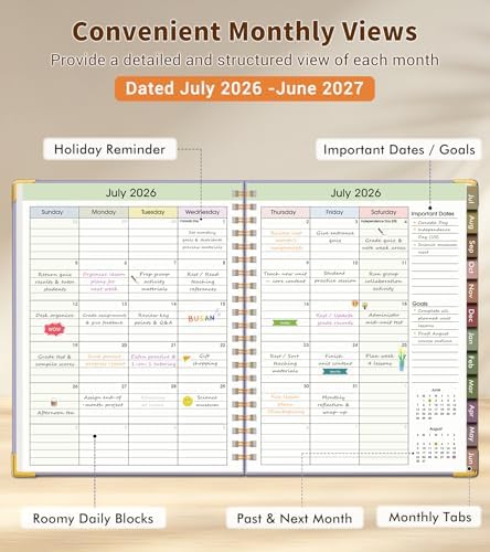 Teacher Planner 2026-2027, July 2026 - June 2027, Academic Weekly & Monthly Calendar Planner with Tabs, 8.5" x 11" A4 Teacher Lesson Plan Book with 7 Periods, Daily Agenda School Organizer for Teacher Student Homeschool Purple