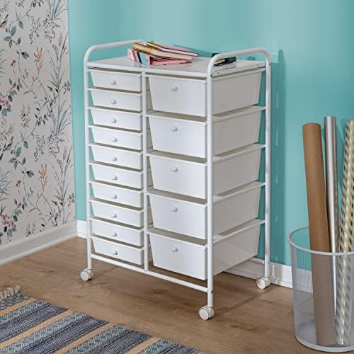 Honey-Can-Do 15-Drawer Metal Rolling Storage Cart, White Steel Multi-Purpose Organizer with Wheels, Heavy Duty Mobile Utility Trolley for Home Office, School, and Craft Supplies