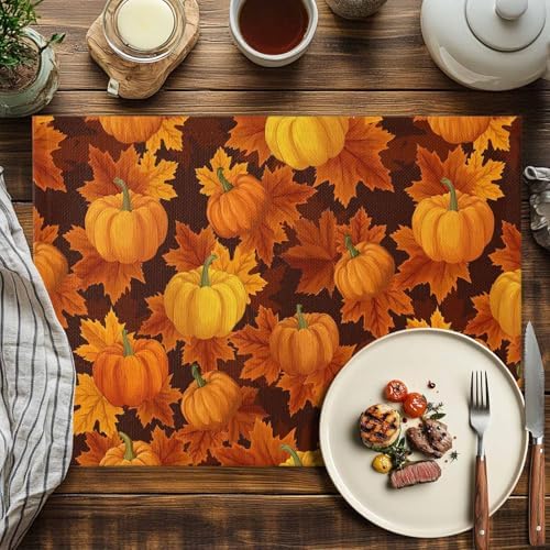 Thanksgiving Placemats Set of 4,Cotton Linen Heat Resistant Table Mats Washable Farmhouse Harvest Pumpkin Maple Leaves It's Fall Y'all Placemat for Holiday Banquet Party Dining Kitchen Table Decor