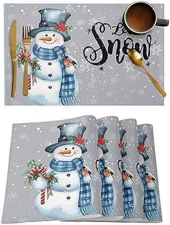 Snowman Christmas Placemats Set of 6, Let It Snow Winter Holiday Heat Resistant Washable Table Place Mats Grey White Cotton Table Linens Party Holiday Decor for Kitchen Dining Outdoor Indoor