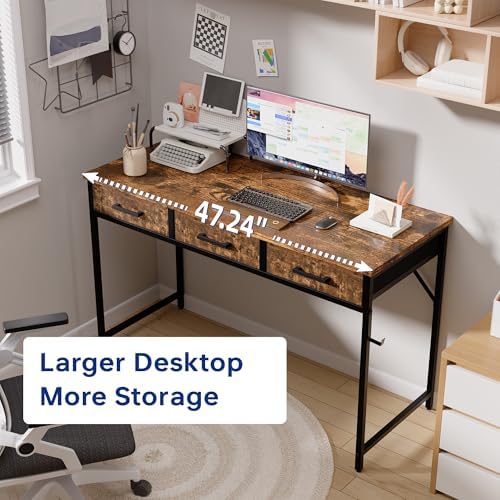 Pamray 47 Inch Small Computer Desk with 3 Drawers for Bedroom Study Writing Home Office Table for Small Spaces Vintage