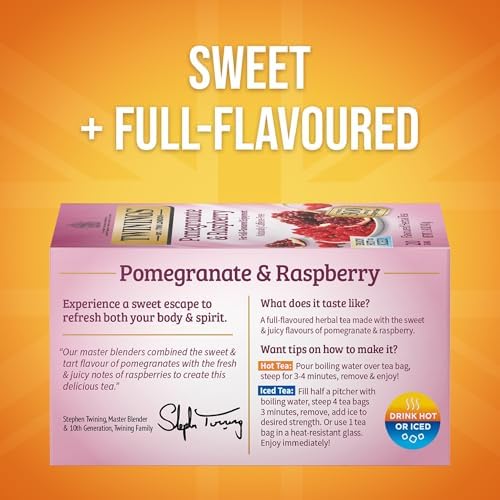 Twinings Pomegranate & Raspberry Herbal Tea Individually Wrapped Bags, 20 Count (Pack of 2), Naturally Caffeine-Free, Enjoy Hot or Iced, 20 Teabags