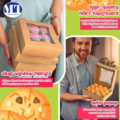 MT Products Kraft Cookie Boxes 8" x 8" x 2.5" - Bakery Boxes with Window (Pack of 10) - Made in USA