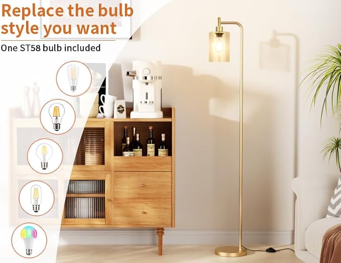 Ziisee Floor Lamps for Living Room - Standing Lamp with Seeded Glass Shade, Modern Gold Floor Lamp with LED Bulbs, Bright Industrial Floor Lamp for Bedroom, Tall Lamp for Office - Gold