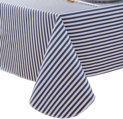 LIBERECOO 60" Square Vinyl Tablecloth with Flannel Backing, Blue Stripe Stain-Resistant Tablecloths Waterproof Oil-Proof Wipeable Table Cover for Indoor/Outdoor Picnic, BBQ