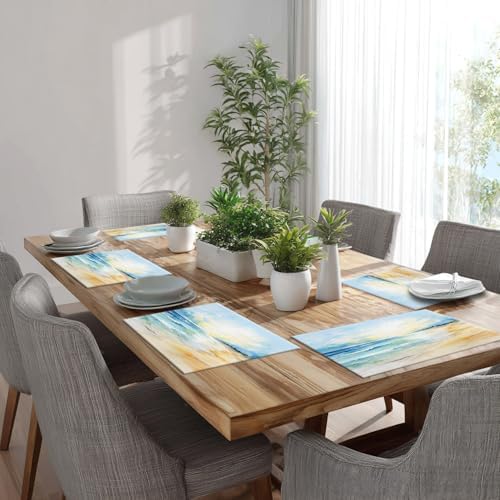 Batmerry Beach Scene Linen Placemats Set of 8, Serene Ocean View Washable Table Mats for Kitchen Table Thickened Heat Insulation Dining Set Indoor Outdoor 12X18 in