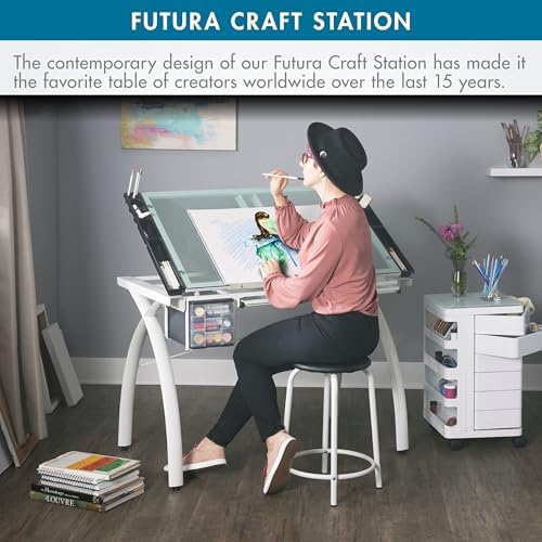 SD Studio Designs Futura Craft & Drawing Table with Adjustable Tempered Safety Glass Top – Modern Art Desk with Storage Drawers, Pencil Ledge, Matte Ivory/Sea Green Glass