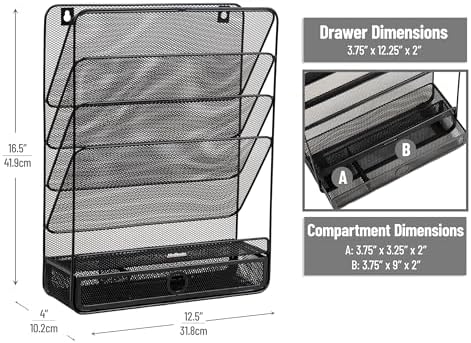 Mind Reader 4-Tier Vertical File Storage, Desktop Organizer, Wall Mount, Office, Metal Mesh, 12.5"L x 4"W x 16.5"H, Black