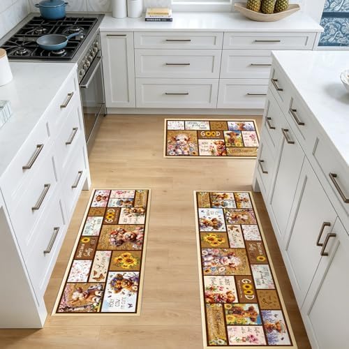 Highland Cow Kitchen Mats, Highland Cattle Sunflower Non Slip Rugs