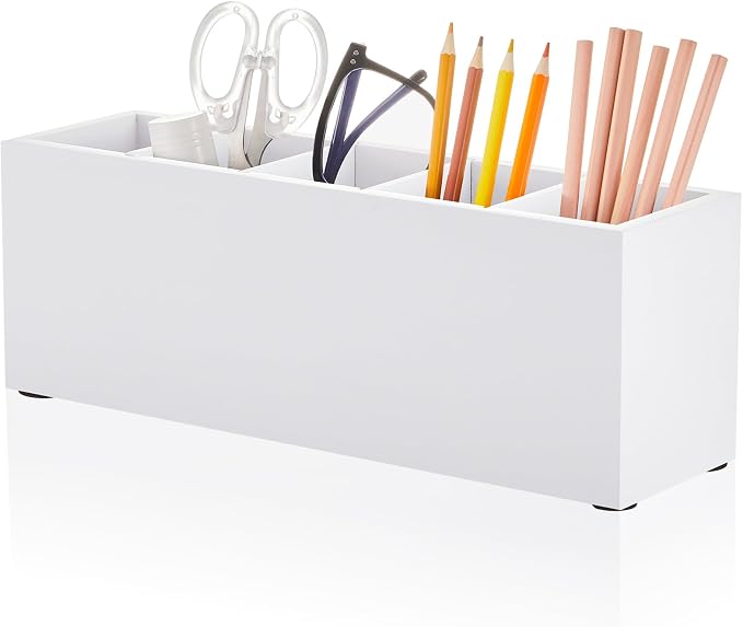 Jetec Wooden Pencil Pen Holder for Desk 5 Compartments Cosmetic Makeup Brush Stationery Office Desktop Organizers for Countertop Adjustable Silverware Caddy for Party, Art Supplies,Home(White)