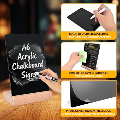 PINTUSON Mini Chalkboard Signs with Wooden Stand (4 Sets), 4x6 Acrylic Food Labels for Party Buffet, Double-Sided Erasable Table Numbers with 7 Chalks for Bakery Display & Wedding Catering