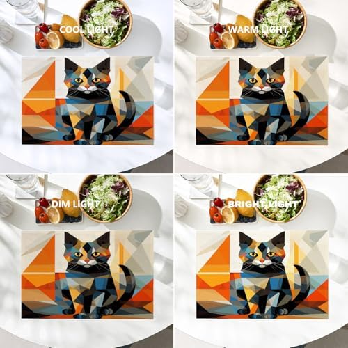 Batmerry Geometric Cat Linen Placemats Set of 4, Colorful Triangular Art Washable Table Mats for Kitchen Table Thickened Heat Insulation Dining Set Indoor Outdoor 12X18 in