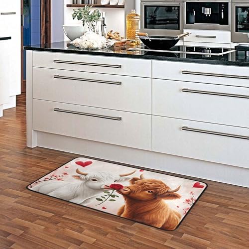 Aslsiy Highland Cow Rose Heart (2) Kitchen Rug Kitchen Mats Valentines Floor Comfort Welcome Washable Non Slip Area Rug for Home Decor 39" X 20"