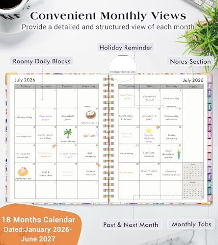 Academic Planner 2026-2027, 18 Months Weekly and Monthly Hardcover Planner, July 2026 - December 2027, 8.5" x 11" A4 Large Daily Calendar Planner Book with Tabs, Spiral College School Agenda Organizer for Student Teacher, Floral Purple