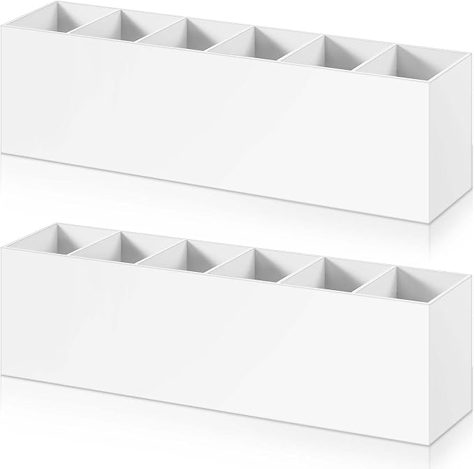 2 Pack Acrylic Makeup Brush Holder 6 Compartments Pencil Organizer Cup Pencil Holder for Desk Pen Organizer Storage Pen Holder for Accessories Cosmetic Brushes Office Bathroom Kitchen Supplies (White)