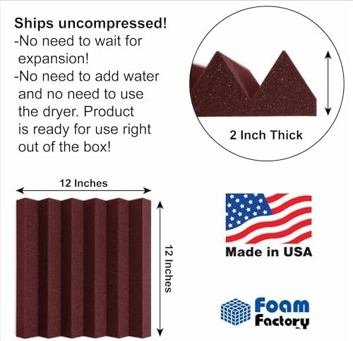 Foam Factory Inc 24 Pack Color Acoustic Foam Panel Studio Soundproofing Wedge Wall Tiles 12” X 12” X 2” (Burgundy)