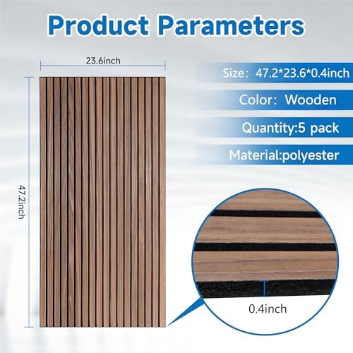 5 Pack Large Wood SlatWall Acoustic Panels for Wall 47.2 x 23.6 x 0.4 Inch Soundproof Absorbing Decor Panel Wood Veneer Panels for Living Room Bedroom Home Studio Office Decor(Wooden Stripes, 5 Pack)
