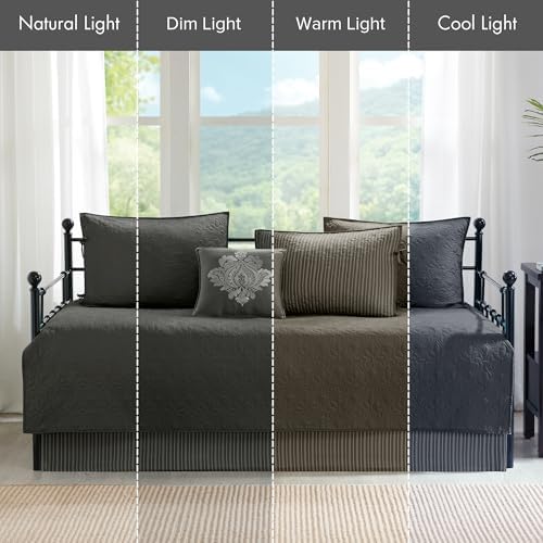 Madison Park Cotton Daybed Cover Set-Double Sided Quilting Classic Cottage Design All Season Bedding with Bedskirt, Matching Shams, Decorative Pillow, 75"x39", Quebec Dark Grey 6 Piece