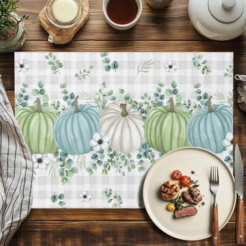 Fall Thanksgiving Placemats Set of 6, Autumn Pumpkins Eucalyptus Leaves Heat Resistant Dining Table Mats Fall Holiday Farmhouse Decor for Kitchen&Linens Outdoor Indoor, White Blue Green Gray Plaid