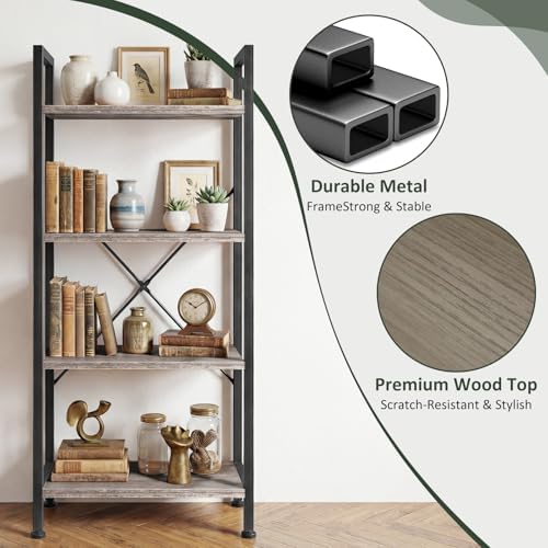 4 Tier Bookshelf, Free Standing Bookcase with Open Storage Shelves