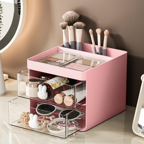 Marbrasse Small Desk Organizer with Drawer, Multi-Functional Pen Pencil Holder Storage Box, Desk Organizers and Accessories with 3 Compartments + 2 Drawer for Office Art Supplies(Pink)