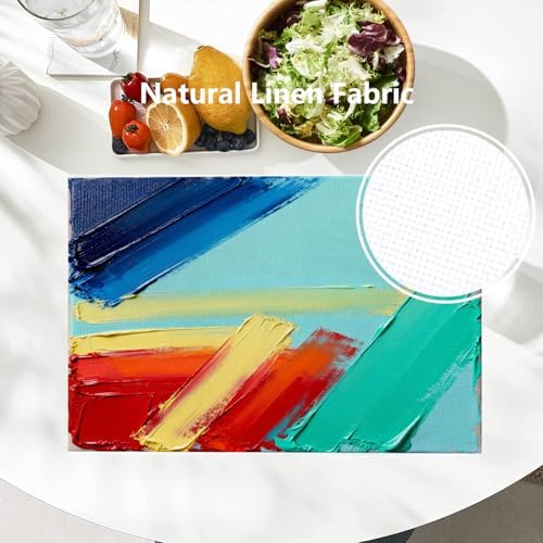 Batmerry Abstract Art Painting Linen Placemats Set of 6, Modern Colorful Texture Artwork Blue Washable Table Mats for Kitchen Table Thickened Heat Insulation Dining Set Indoor Outdoor 12X18 in