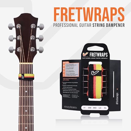 Gruv Gear Fret Wrap & Guitar Mute, Fretwrap for Acoustic, Electric & Bass | String Dampener Recording, Tapping & Practice Accessory (1 Pack, Medium Black/Red/Yellow, Fits 5 String Bass, 7 String