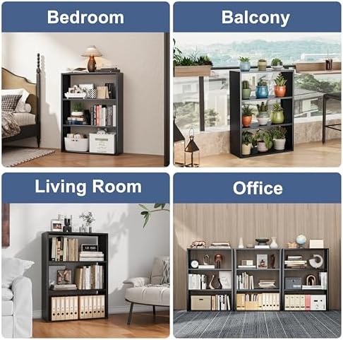 3-Tier Metal Bookshelf, Open Shelf Storage, Includes 4 Corner Bumpers, Space-Saving Vertical Storage for Living Room, Home Office, 35.43" Hx27.56 Wx11.81 D, Black