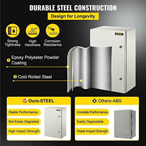 VEVOR NEMA Steel Enclosure, 24 x 16 x 10'' NEMA 4X Steel Electrical Box, IP66 Waterproof & Dustproof, Outdoor/Indoor Electrical Junction Box, with Mounting Plate