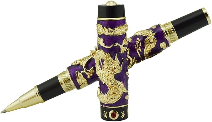 Jinhao Double Dragon Rollerball Pen Purple Cloisonne Enamel Handcraft for Signature and Collection