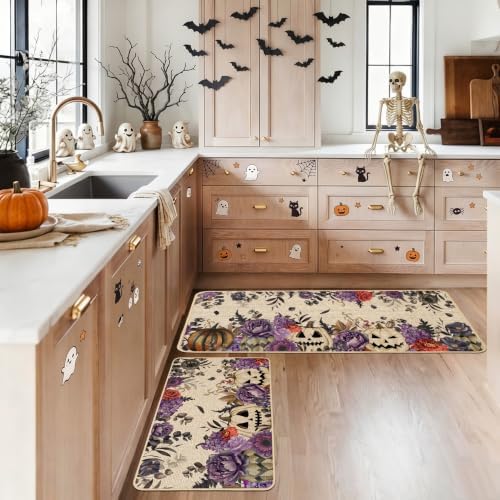 Baccessor Halloween Kitchen Rugs Set of 2, Purple Flowers Spooky Pumpkin Kitchen Mats Low-Profile Non Slip Washable Rugs for Floor Home Decor 17x29 and 17x47 Inch
