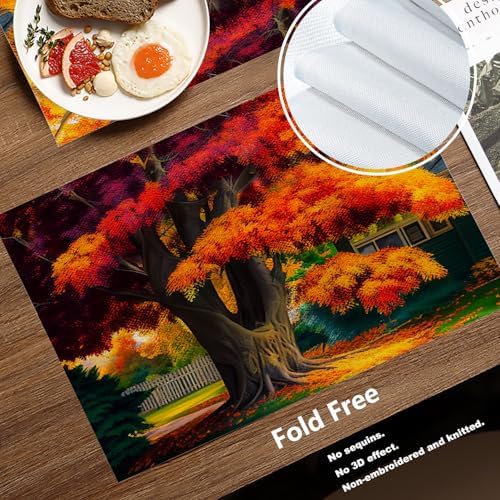Batmerry Autumn Maple Trees Linen Placemats Set of 4, Fiery Red Leaves Houses Gardens Washable Table Mats for Kitchen Table Thickened Heat Insulation Dining Set Indoor Outdoor 12X18 in