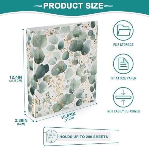 Watercolor Eucalyptus 3 Ring Binder 1.5 Inch Decorative Hardcover File Folder for School Office Papers Portfolio Planner Organizer Recipe Binders 1 Pc