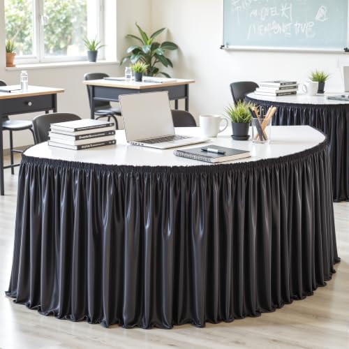 Wish Care 17ft Black Satin Long Table Skirt for Rectangle Tables Wrinkle Free Teacher Desk Skirt Glitter Ruffle Table Skirting Cloth for Back to School Classroom Office Dorm Birthday Party Table Decor