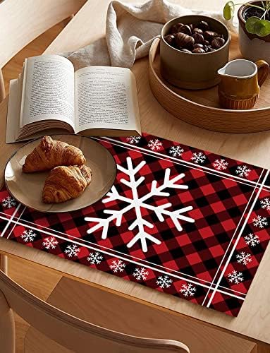 White Christmas Snowflake Placemats Set of 4, Red Black Buffalo Plaid Check Cotton Line Stain Resistant Table Mats Washable Holidays Placemat Decoration For Kitchen Dining Table Rustic Farmhouse