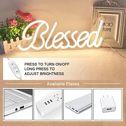 Blessed Neon Sign for Wall Decor 17x7 Inches - Blessed Led Light Up Sign 5V USB Powered with Dimmer,Led Neon Light Warm White Decor for Bedroom, Office, Home Room,Wedding Gifts
