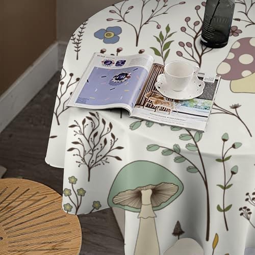 Mushroom Tablecloth, Boho Floral Rustic Wildflower Herbs Plants Colorful Botanical Green Leaves Print Table Cloth for Kitchen Dining Picnic Party Restaurant Decoration, 50x50in