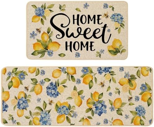 Baccessor Lemon Kitchen Rugs Set of 2, Hydrangea Floral Flowers Kitchen Mats for Spring Summer Floor Hallway Laundry Sink Low-Profile Home Decoration 17x29 and 17x47 Inch