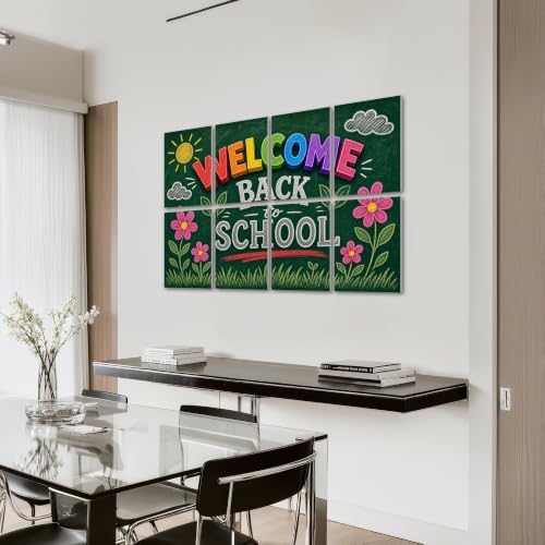 8 Pack Art Acoustic Panels Sound Absorbing Welcome Back to School Chalkboard Art Colorful Letters Floral Details Decorative Soundproof Wall Panels Self Adhesive for Home Recording Studios 48"x32"