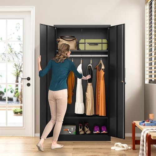Metal Wardrobe Cabinet with Hanging Rod & Lock,Black Armoire Wardrobe Closet,Metal Clothing Storage Cabinet with Adjustable Shelves and Doors,72" Amroire Storage Cabinets for Home,Living/Laundry Room