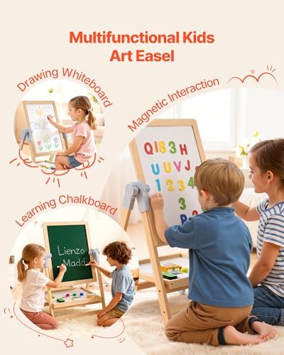 VEVOR Art Easel for Kids, 2-in-1 Wooden Double-Sided Kid's Art Easel with Magnetic Whiteboard & Chalkboard, Adjustable Standing Rotatable Foldable Drawing Board with Painting Accessories for Boy Girl