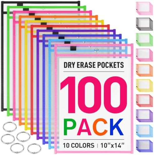 MR.MATE 100Pcs Dry Erase Pockets Sleeve 10x14,Clear Plastic Sheet Protector