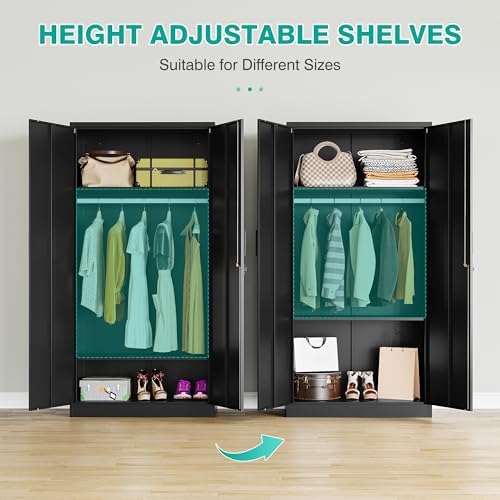 Metal Wardrobe Cabinet with Hanging Rod & Lock,Black Armoire Wardrobe Closet,Metal Clothing Storage Cabinet with Adjustable Shelves and Doors,72" Amroire Storage Cabinets for Home,Living/Laundry Room