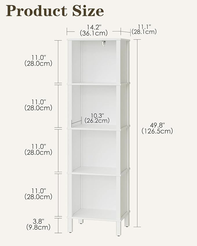 Bookshelf, Modern 4-Tier Bookcase, Open Storage Book Shelf, 11 × 14.2 × 50.4 Inches, Small Narrow Bookshelves for Living Room, Home Office, Bedroom, White