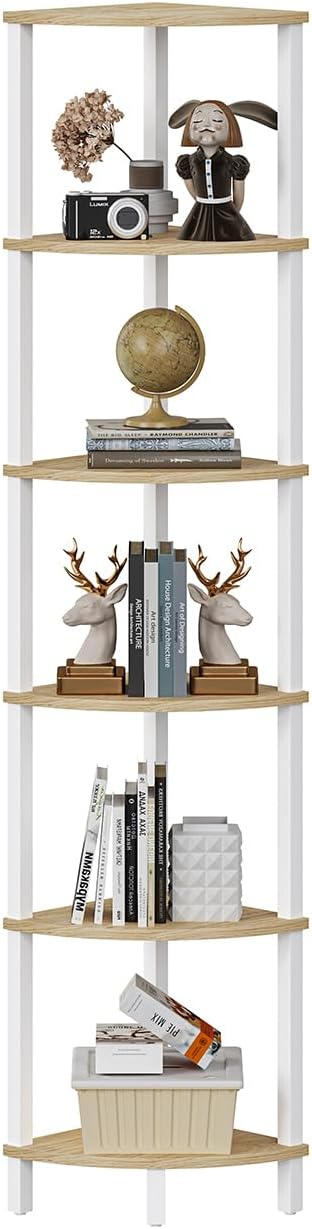 Corner Shelf, 6-Tier Corner Bookshelf, Industrial Corner Ladder Shelf, DIY Storage Shelves, Rustic Display Shelf for Living Room, Bedroom, Kitchen, Home Office, White and Nature Wood Color UJSJ004Q