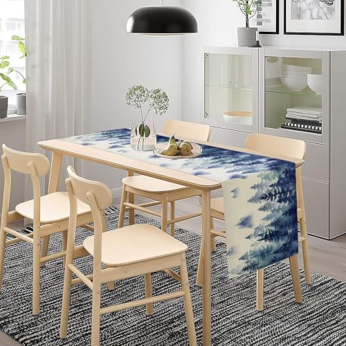 Watercolor Blue Pine Trees Table Runner, Forest Woodland Tabletop Scarf Home Kitchen Holiday Decor, Seasonal Farmhouse Rustic Dining Decorations Party Supply 13 X 108 Inch