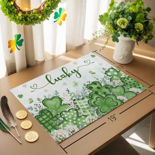 St. Patrick's Day Placemats Set of 6, Lucky Clovers Place Mats Washable Dining Table Mats Spring Holiday Party Decor for Kitchen&Linens Outdoor Indoor, Blue Green Shamrock Leaves