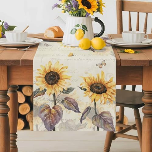 Farmhouse Sunflower Table Runner Dresser Scarf 13 x 72 Inch Vintage Yellow Flower Butterfly Botanical Table Runners Non-Slip Heat Resistant Kitchen Dining Table Decor for Home Holidays Indoor Outdoor