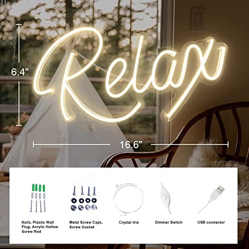 Relax Neon Sign Unique Art Ornaments with Dimmable Switch, 5V USB Powered Cool Neon Relax Signs for Wall Decor, Bedroom, Living Room, Bathroom Decoration Valentine's Day SPA Decor (Warm White)